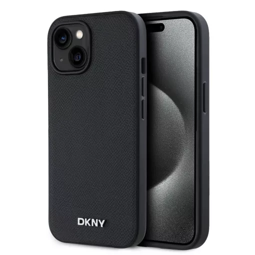 DKNY PU bőr ezüst fém logó Magsafe tok iPhone 14 készülékhez fekete