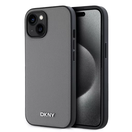 DKNY PU Leather Silver Metal Logo Magsafe tok iPhone 13 készülékhez szürke