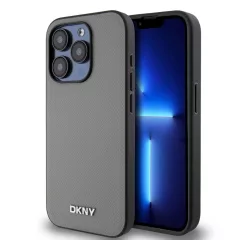   DKNY PU bőr ezüst fém logós Magsafe tok iPhone 14 Pro készülékhez szürke