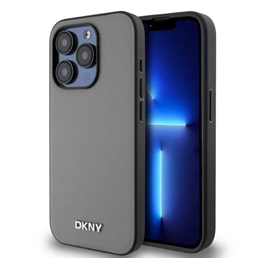DKNY PU bőr ezüst fém logós Magsafe tok iPhone 14 Pro készülékhez szürke