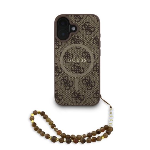 Guess PU bőr 4G színes gyűrűpánt MagSafe tok az iPhone 16 készülékhez, barna