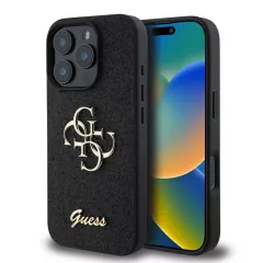   Guess PU Fixed Glitter 4G Metal Logo tok iPhone 16 Pro készülékhez fekete