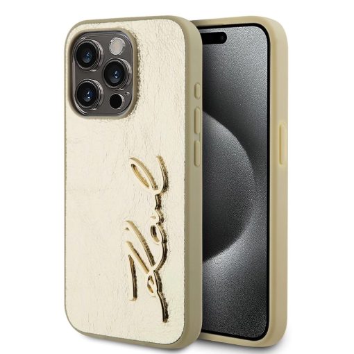 Karl Lagerfeld Wrinkled PU Signature Logo tok iPhone 15 Pro készülékhez arany