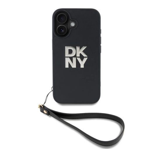 DKNY PU Leather Stack Logo csuklópántos tok iPhone 16 készülékhez fekete