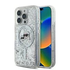  Karl Lagerfeld Liquid Glitter Karl and Choupette Heads MagSafe tok iPhone 16 Pro készülékhez átlátszó