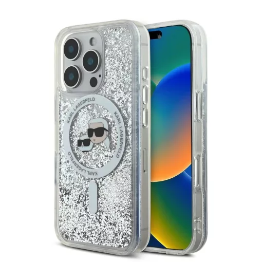 Karl Lagerfeld Liquid Glitter Karl and Choupette Heads MagSafe tok iPhone 16 Pro készülékhez átlátszó