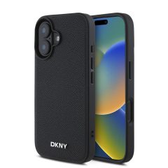   DKNY PU Leather Silver Metal Logo MagSafe tok iPhone 16 Plus készülékhez fekete