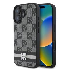   DKNY PU Leather Checkered Pattern and Stripe tok iPhone 16 készülékhez fekete