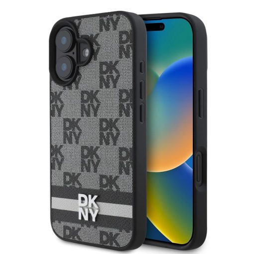 DKNY PU Leather Checkered Pattern and Stripe tok iPhone 16 készülékhez fekete
