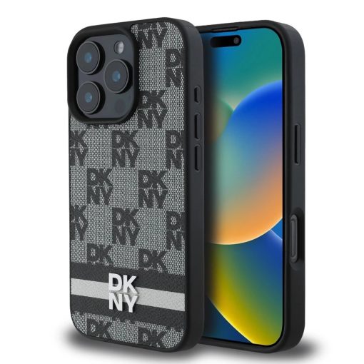 DKNY PU Leather Checkered Pattern and Stripe tok iPhone 16 Pro készülékhez fekete
