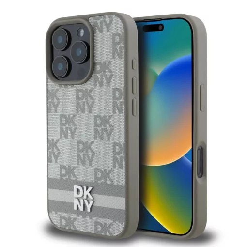 DKNY PU bőr Checkered Pattern and Stripe tok iPhone 16 Pro készülékhez bézs