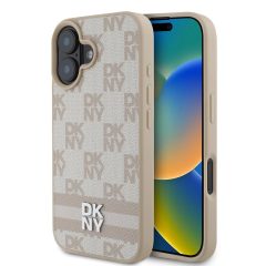   DKNY PU Leather Checkered Pattern and Stripe tok iPhone 16 készülékhez rózsaszín
