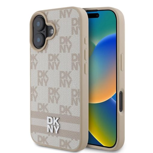 DKNY PU Leather Checkered Pattern and Stripe tok iPhone 16 készülékhez rózsaszín