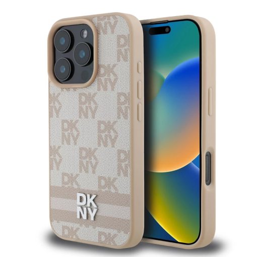 DKNY PU Leather Checkered Pattern and Stripe tok iPhone 16 Pro készülékhez rózsaszín