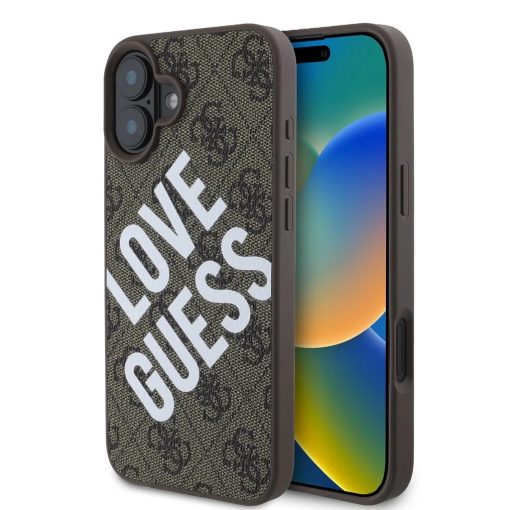 Guess PU bőr 4G Big Love Logo MagSafe tok iPhone 16 készülékhez barna