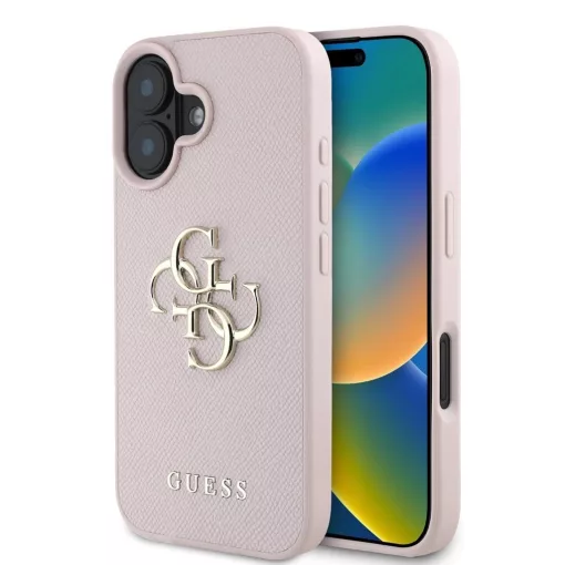 Guess PU barázdált 4G Metal Logo tok iPhone 16 készülékhez rózsaszín