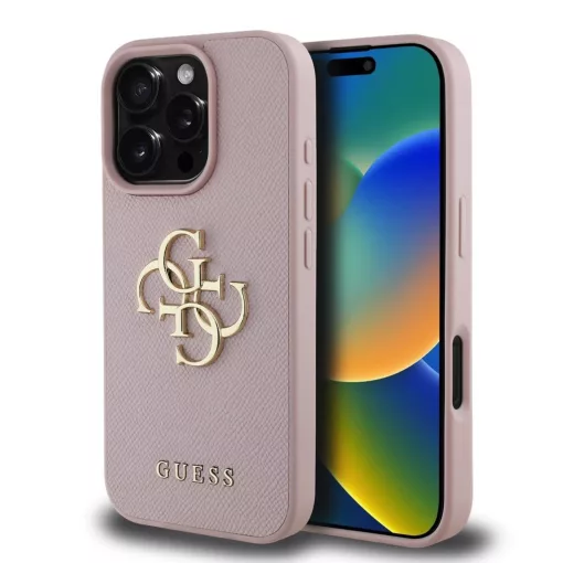 Guess PU Grained 4G Metal Logo tok iPhone 16 Pro készülékhez rózsaszín