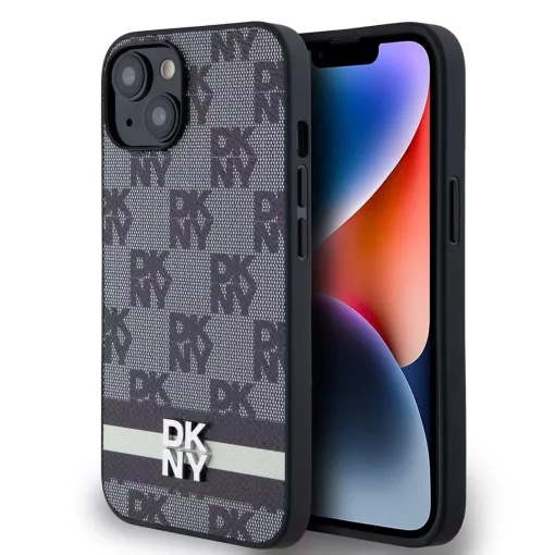 DKNY PU Leather Checkered Pattern and Stripe tok iPhone 13 készülékhez fekete