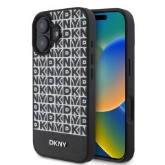   DKNY PU Leather Repeat Pattern Bottom Stripe MagSafe tok iPhone 16 Plus készülékhez fekete