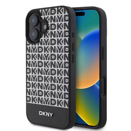 DKNY PU Leather Repeat Pattern Bottom Stripe MagSafe tok iPhone 16 Plus készülékhez fekete