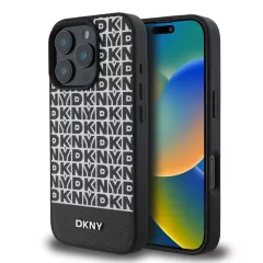   DKNY PU bőr ismétlődő minta alsó csík MagSafe tok iPhone 16 Pro készülékhez fekete