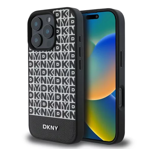 DKNY PU bőr ismétlődő minta alsó csík MagSafe tok iPhone 16 Pro készülékhez fekete