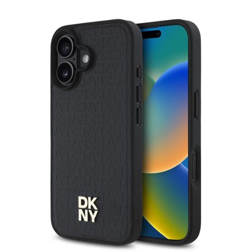 DKNY PU Leather Repeat Pattern Stack Logo MagSafe Tok iPhone 16 készülékhez fekete