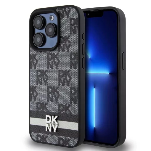 DKNY PU Leather Checkered Pattern and Stripe tok iPhone 14 Pro Max készülékhez fekete