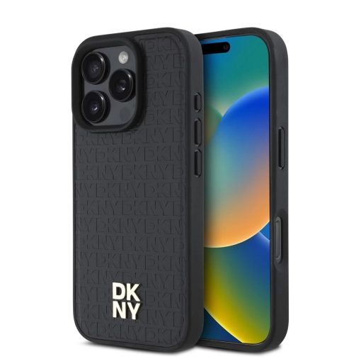 DKNY PU bőr Repeat Pattern Stack Logo MagSafe tok iPhone 16 Pro készülékhez fekete