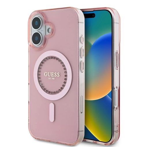 Guess IML Rhinestones Ring MagSafe tok iPhone 16 készülékhez rózsaszín