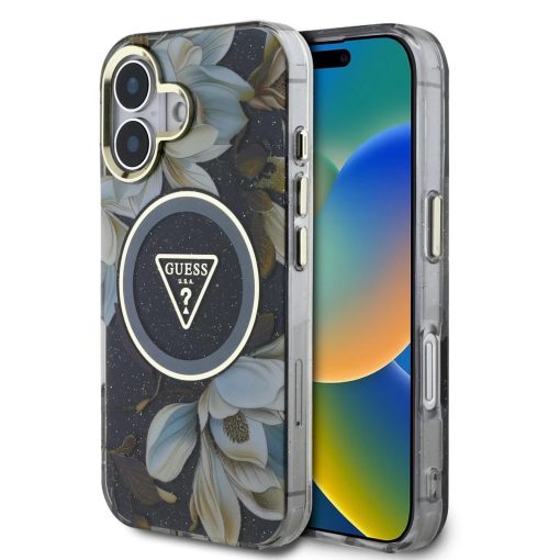 Guess IML Glitter Magnolia and Triangle Logo MagSafe tok iPhone 16 készülékhez fekete