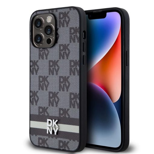 DKNY PU Leather Checkered Pattern and Stripe tok iPhone 15 Pro Max készülékhez fekete