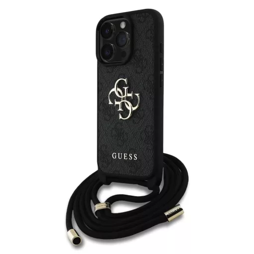 Guess PU 4G Metal Logo Crossbody Strap tok iPhone 16 Pro készülékhez fekete