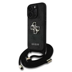   Guess PU 4G Metal Logo Crossbody Strap tok iPhone 16 Pro Max készülékhez fekete