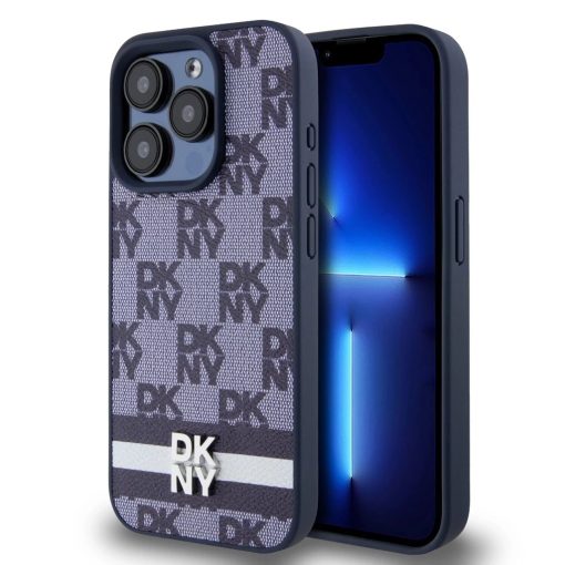 DKNY PU bőr sakktábla mintás és csíkos tok iPhone 15 Pro Max készülékhez kék
