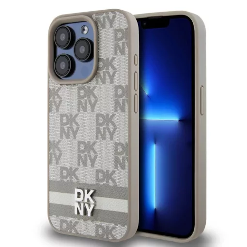 DKNY PU Leather Checkered Pattern and Stripe tok iPhone 13 Pro Max készülékhez bézs