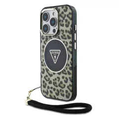   Guess IML Leopard Triangle Logo Strap MagSafe tok iPhone 16 Pro készülékhez barna