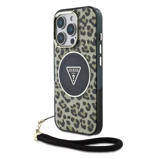 Guess IML Leopard Triangle Logo Strap MagSafe tok iPhone 16 Pro készülékhez barna