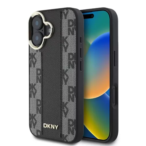 DKNY PU Leather Checkered Pattern Magsafe tok iPhone 16 készülékhez fekete
