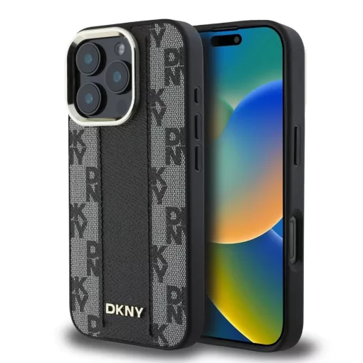 DKNY PU bőr sakktábla mintázatú Magsafe tok iPhone 16 Pro készülékhez fekete