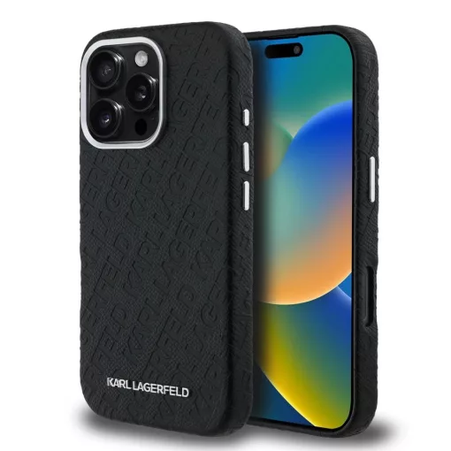 Karl Lagerfeld Grained PU Repeated Logo MagSafe tok iPhone 16 Pro Max készülékhez fekete