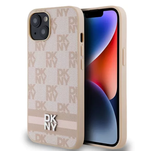 DKNY PU Leather Checkered Pattern and Stripe tok iPhone 13 készülékhez rózsaszín