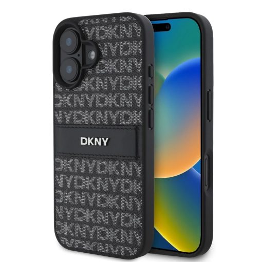 DKNY PU Leather Repeat Pattern Tonal Stripe tok iPhone 16 készülékhez fekete