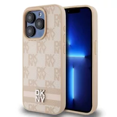   DKNY PU Leather Checkered Pattern and Stripe tok iPhone 13 Pro Max készülékhez rózsaszín