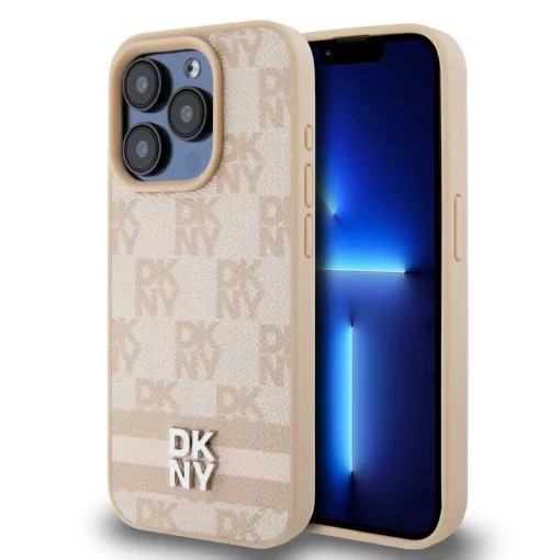 DKNY PU Leather Checkered Pattern and Stripe tok iPhone 13 Pro Max készülékhez rózsaszín