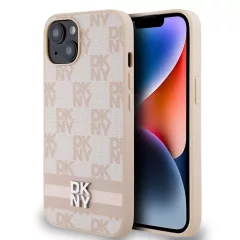   DKNY PU bőr Checkered Pattern and Stripe tok iPhone 14 készülékhez rózsaszín