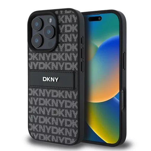 DKNY PU Leather Repeat Pattern Tonal Stripe tok az iPhone 16 Pro Max készülékhez fekete