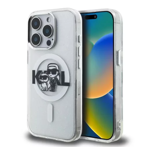 Karl Lagerfeld IML Glitter Karl and Choupette Sketch MagSafe tok iPhone 15 Pro készülékhez átlátszó