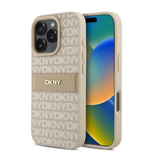 DKNY PU bőr Repeat Pattern Tonal Stripe tok iPhone 16 Pro készülékhez rózsaszín