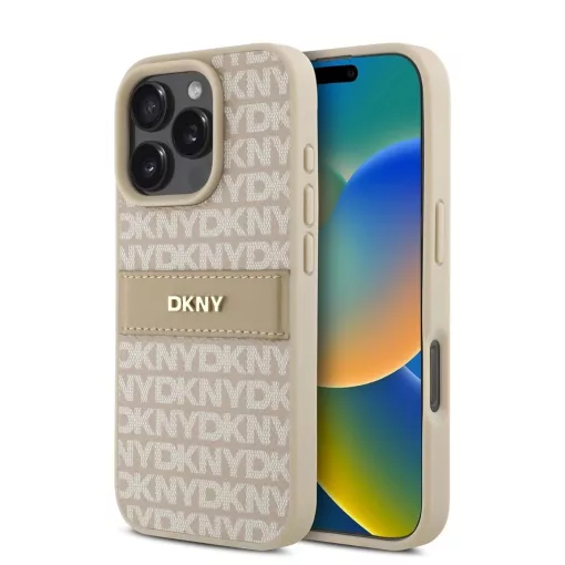 DKNY PU Leather Repeat Pattern Tonal Stripe tok iPhone 16 Pro Max készülékhez rózsaszín